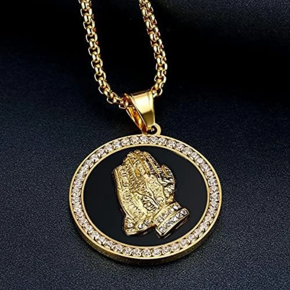 Hip Hop Iced Out Praying Hand Pendant With Mens Chain Gold Color Stainless Steel - Picture 4 of 4